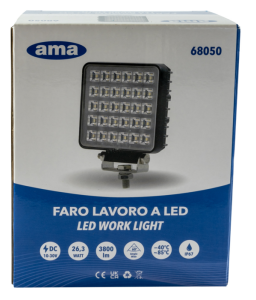 AMA 68050 Faro da lavoro quadrato a LED 10-30V, 26,3W, 3800LM, 30 LED, raggio ampio/largo, con interruttore
